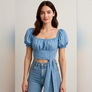 Blue Puff Sleeve Women's Top